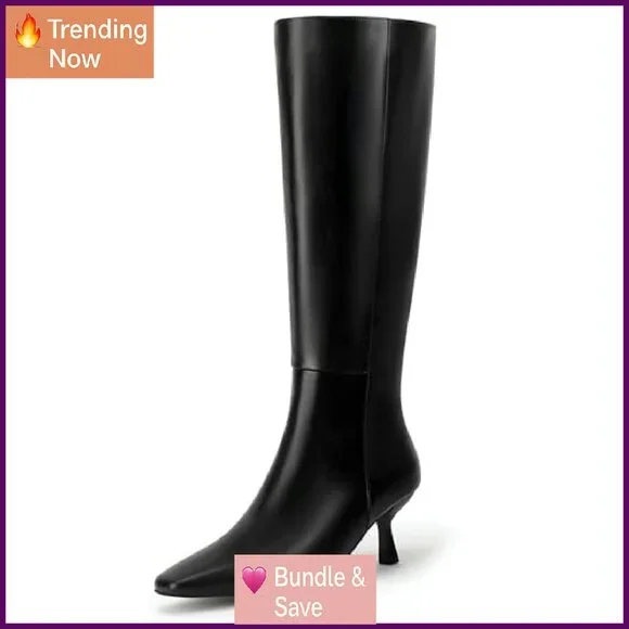 Women's Knee High Boots Square Toe Kitten Heel Side Zipper Comfortable Fall